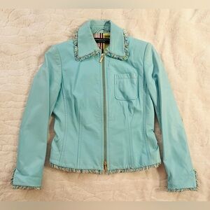Y2K Vintage Dana Buchman 100% 
Leather Jacket in aqua blue ( Tiffany blue) 2